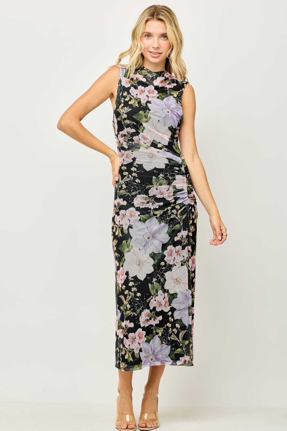 Sleeveless Mesh Side Ruched Midi Dress