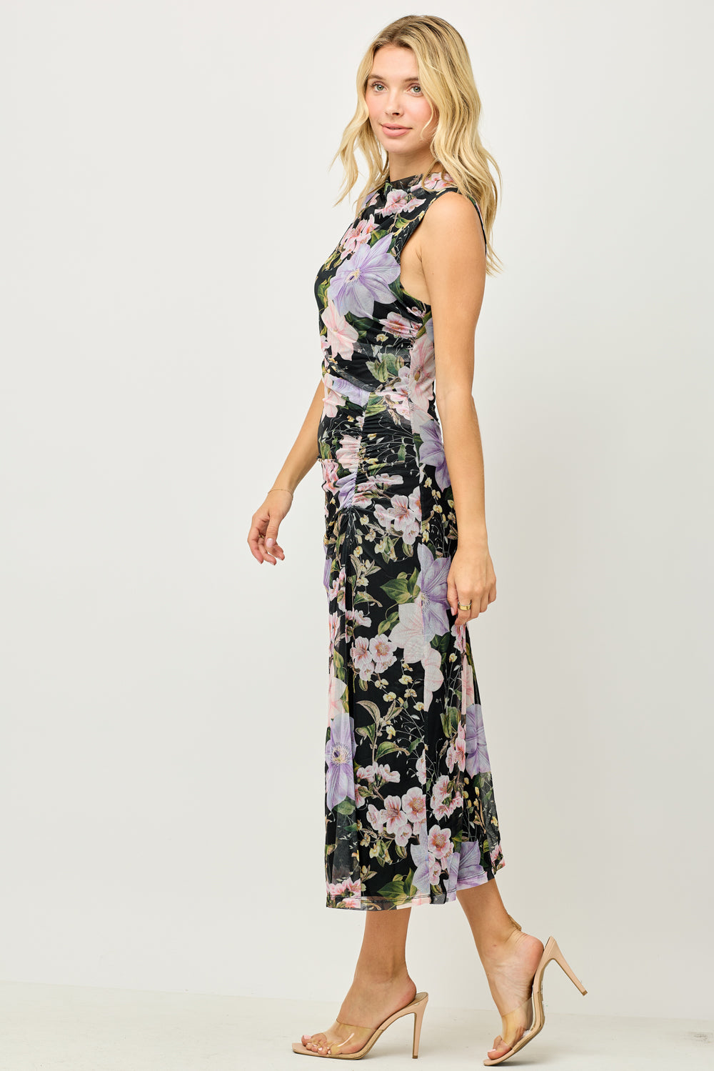 Sleeveless Mesh Side Ruched Midi Dress