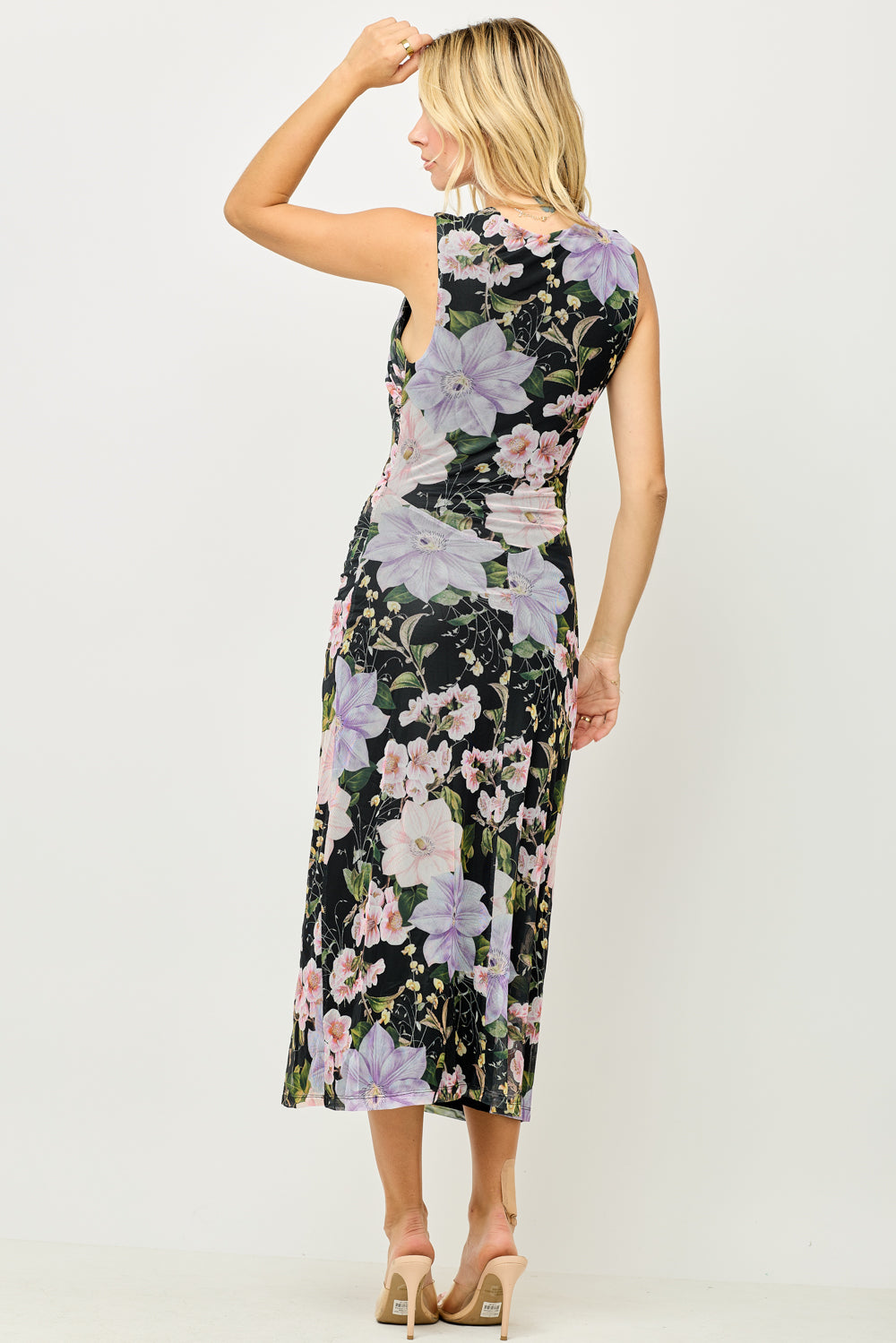 Sleeveless Mesh Side Ruched Midi Dress