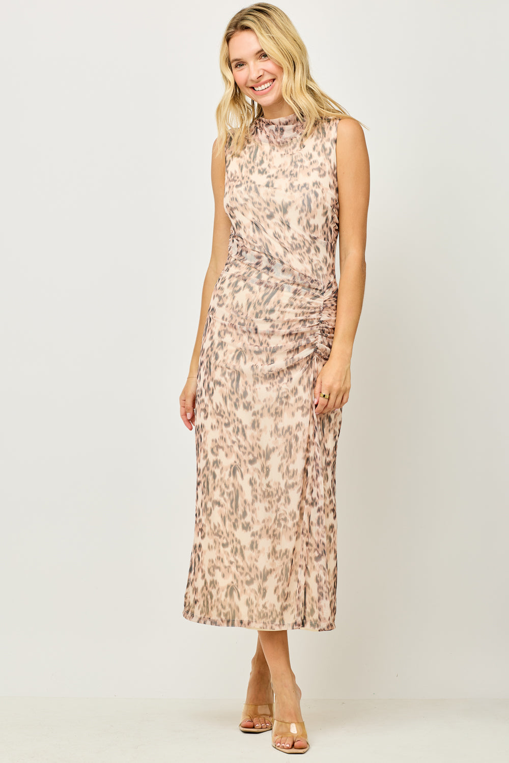 Sleeveless Mesh Side Ruched Midi Dress