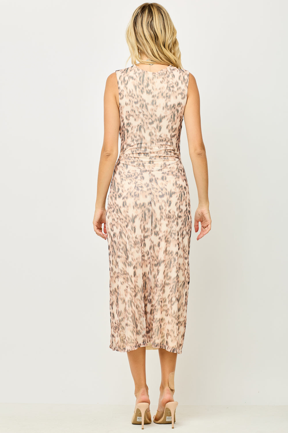 Sleeveless Mesh Side Ruched Midi Dress