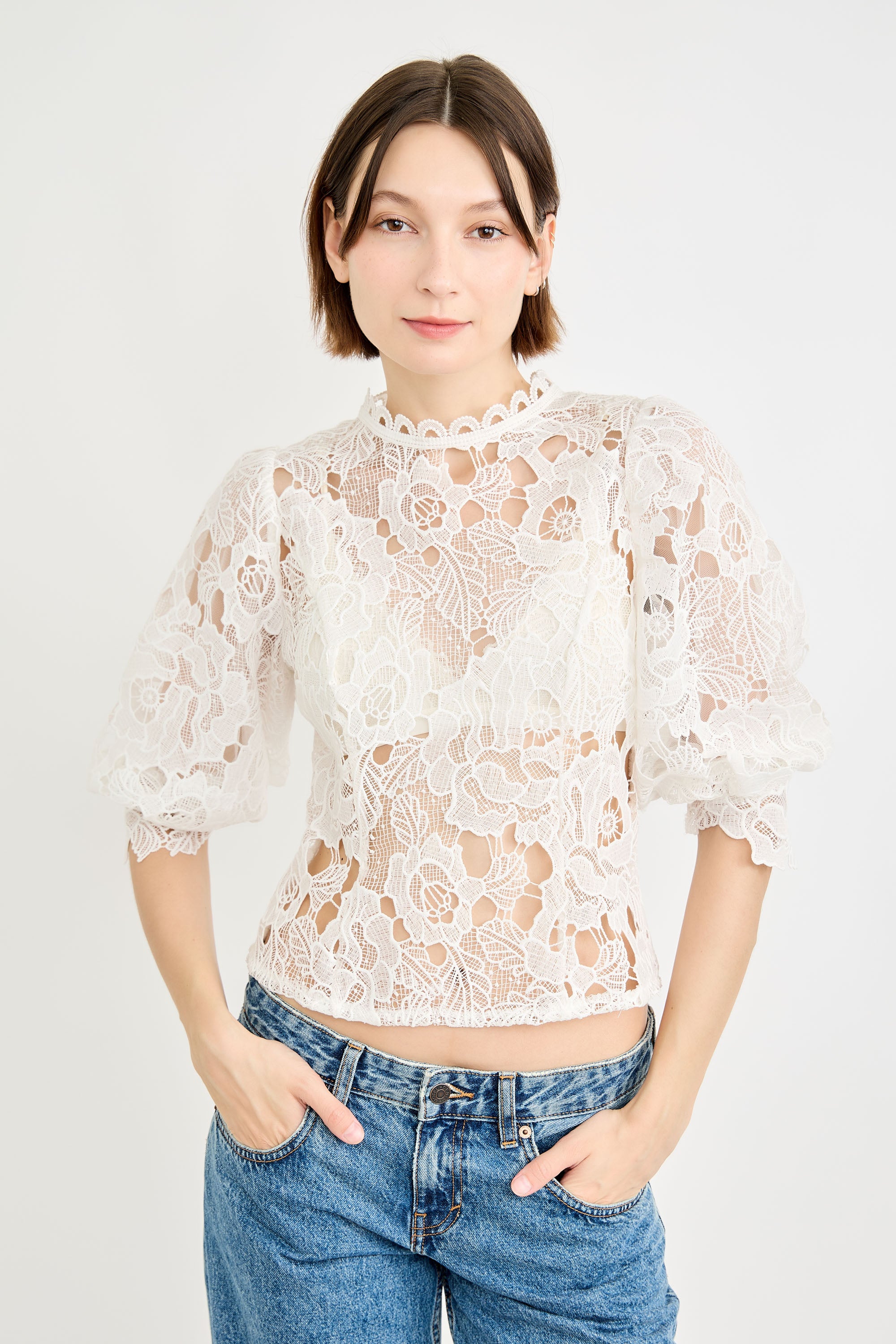 Guipure Lace Puff Sleeve Top