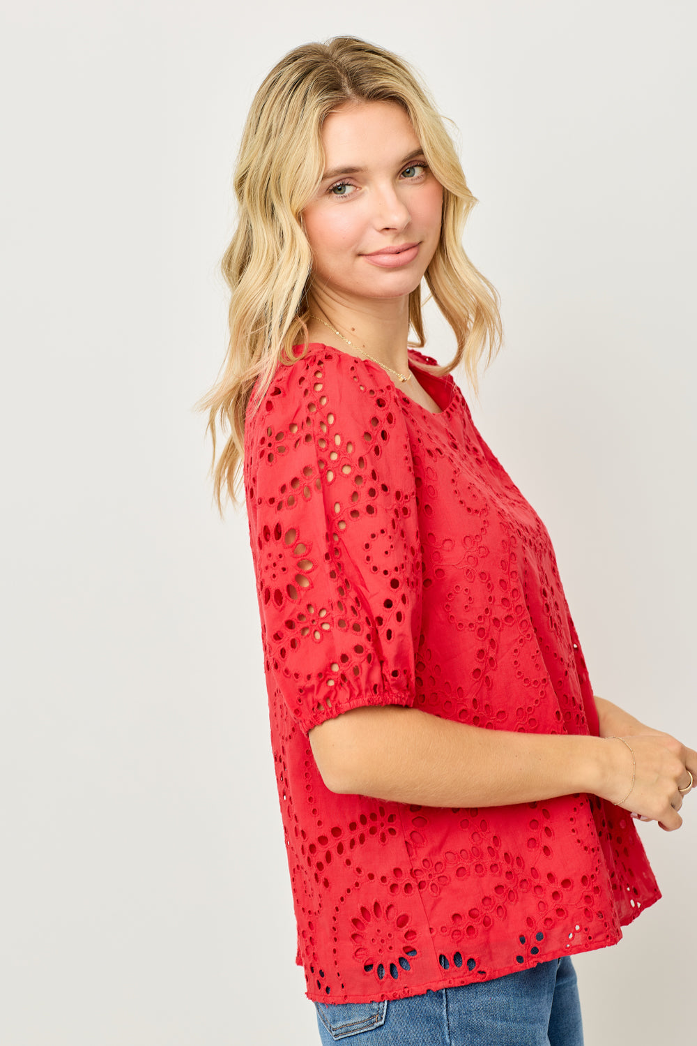 Puff Sleeve Eyelet Lace Blouse