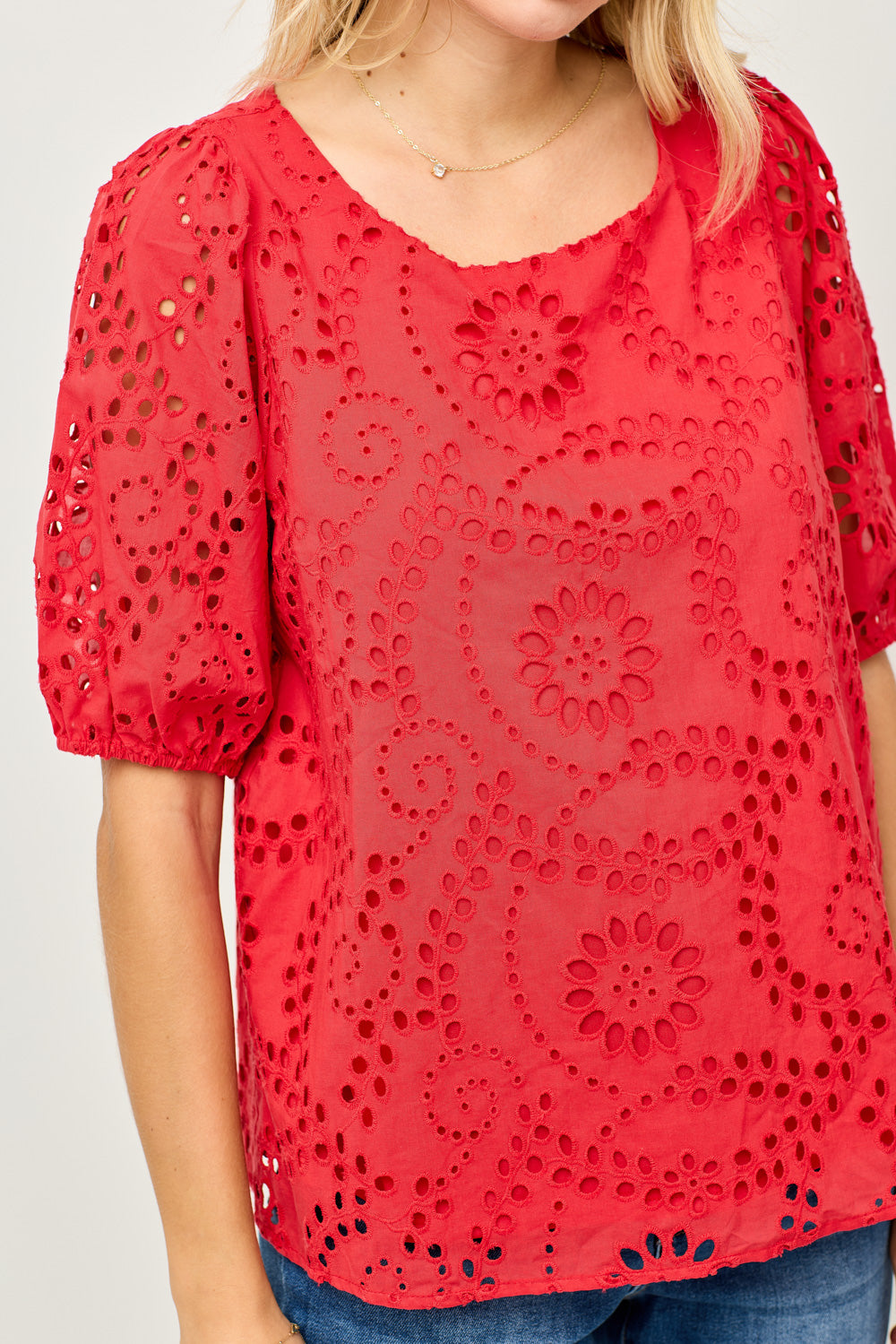 Puff Sleeve Eyelet Lace Blouse