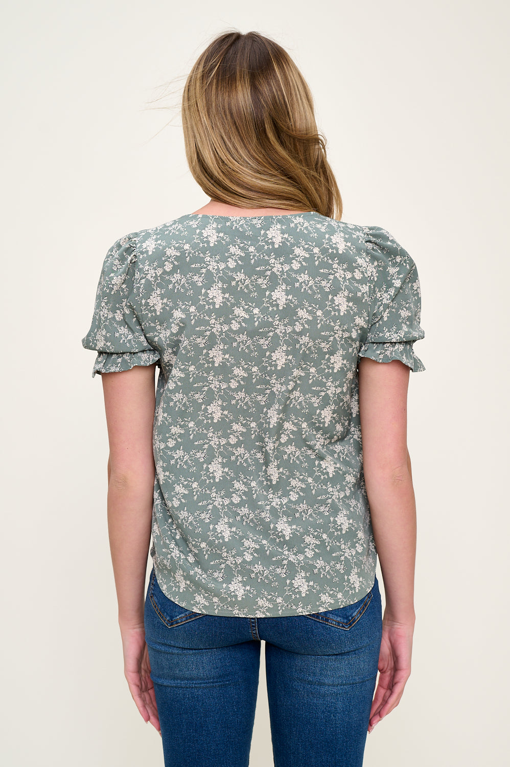 Button-Front Ruffle Cuff Sleeve Top