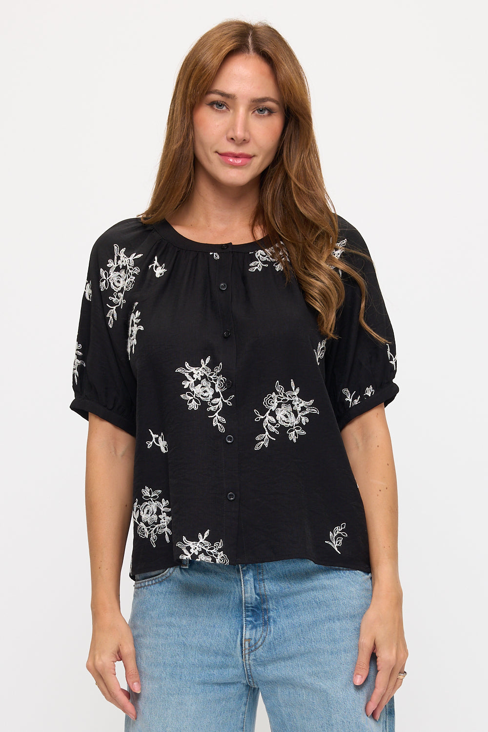 Floral Sketch Embroidered Button-Down Top