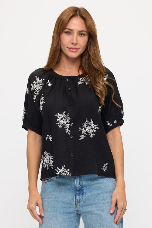 Floral Sketch Embroidered Button-Down Top