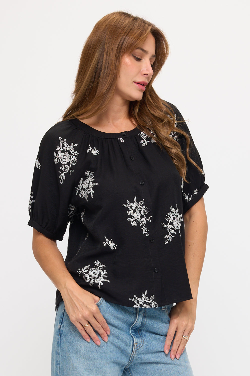 Floral Sketch Embroidered Button-Down Top