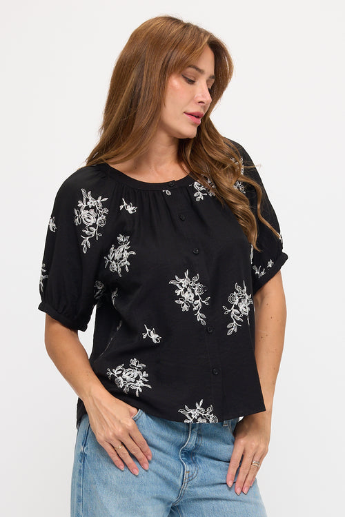 Floral Sketch Embroidered Button-Down Top