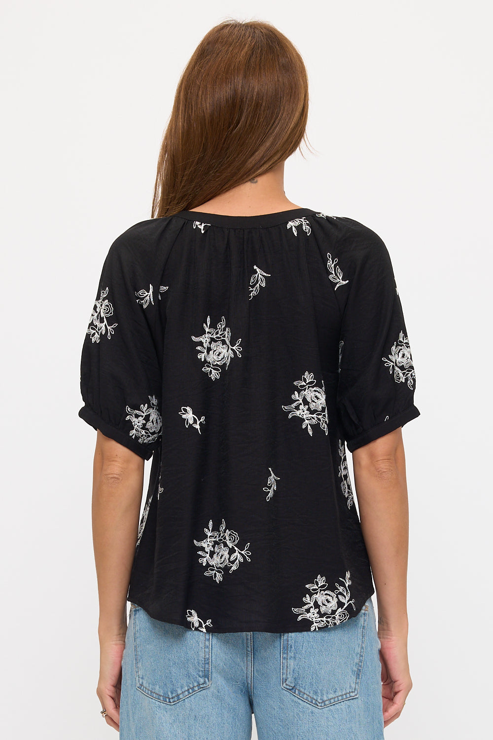 Floral Sketch Embroidered Button-Down Top