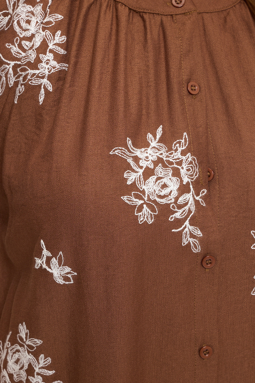 Floral Sketch Embroidered Button-Down Top