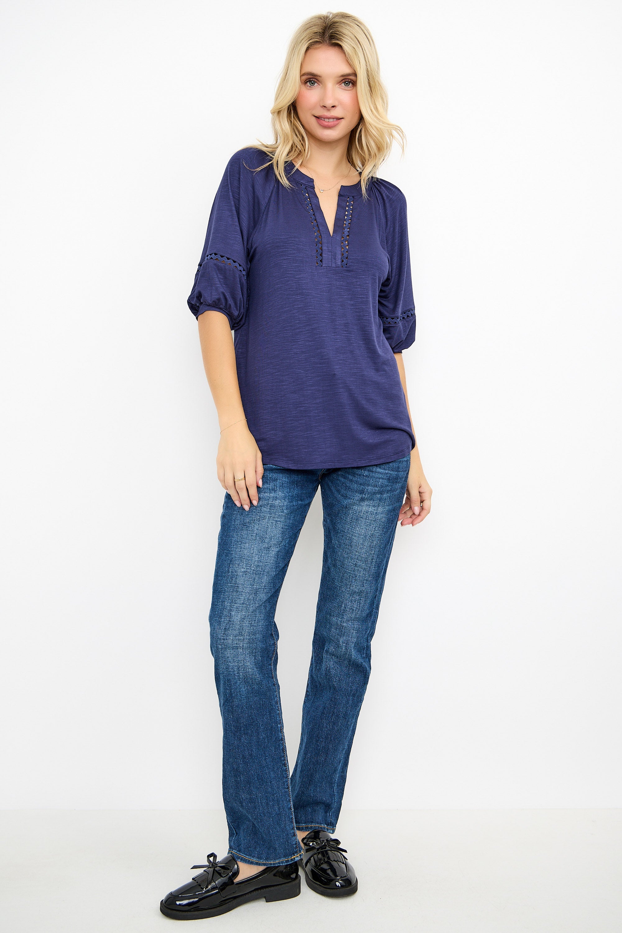 Lace Trim Puff Sleeve Knit Top